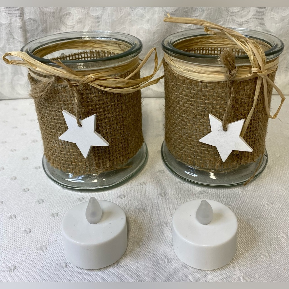 NWT Burlap & Glass Votive Candle Holders includes battery operated candle 4”x3”